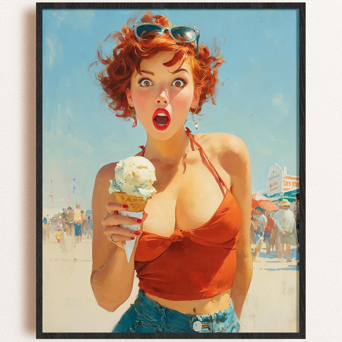 1950s Redhead Pinup Ice Cream Cone Beach Boardwalk Summer Fun Art Poster