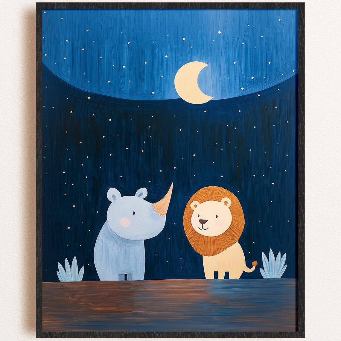 Jungle Animal Print Lion And Rhino Under Starry Sky Safari Theme Wall Art Instant