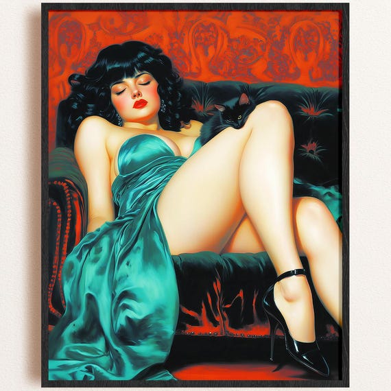 1950s Pinup Print Retro Black Cat Boudoir Art