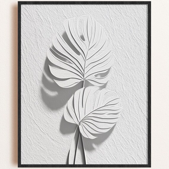 White Monstera Leaf Textured Relief Minimalist Japandi Wall Art