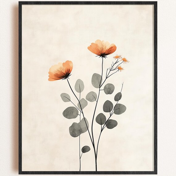Minimalist Floral Print Soft Orange Green Botanical Art 300 Dpi Jpg Format