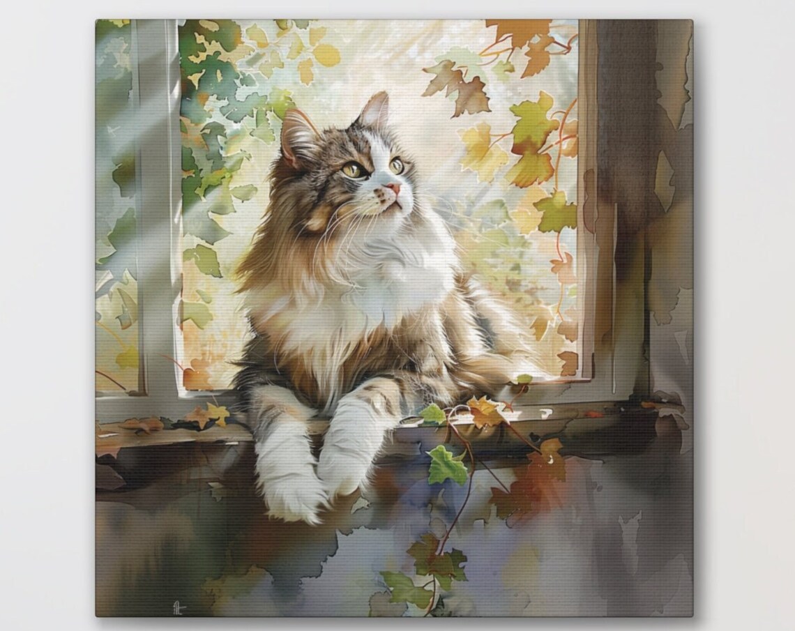 Fluffy Long Haired Cat Lounging on a Sunny Windowsill Poster