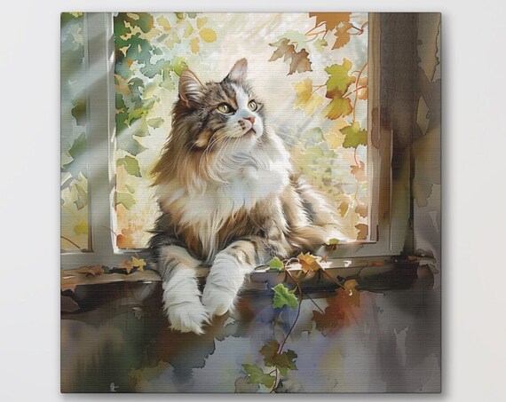 Fluffy Long Haired Cat Lounging on a Sunny Windowsill Poster