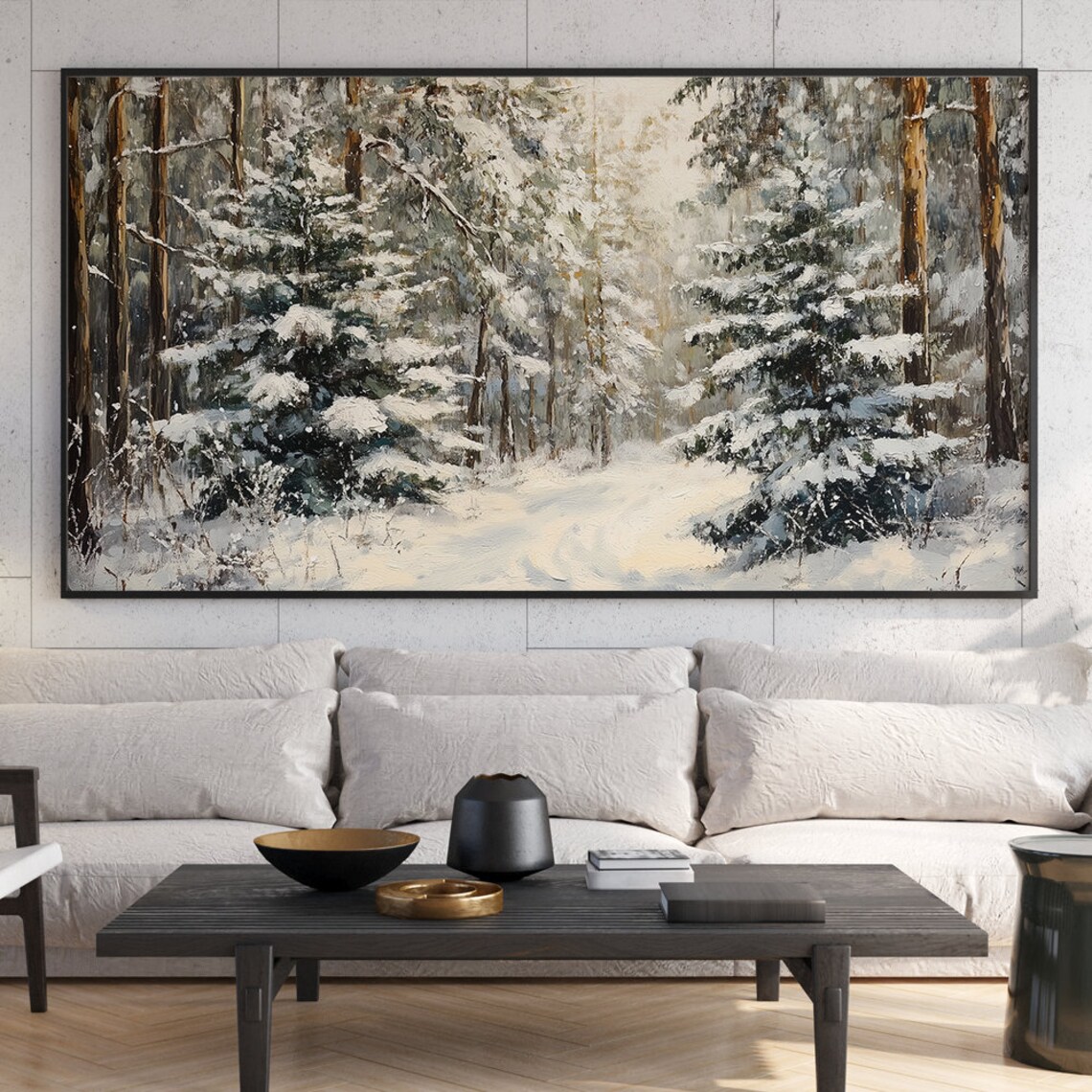 Snowy Forest Path Winter Oil Painting Woodland Trail Wall Art - Image 6