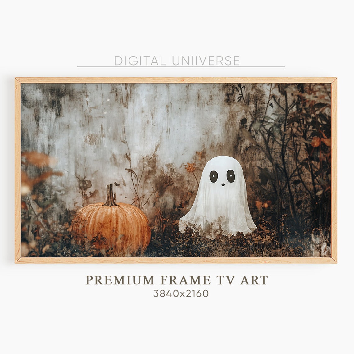 Cute Ghost and Pumpkin in Misty Autumn Forest Halloween Poster