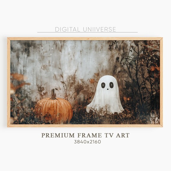 Cute Ghost and Pumpkin in Misty Autumn Forest Halloween Poster