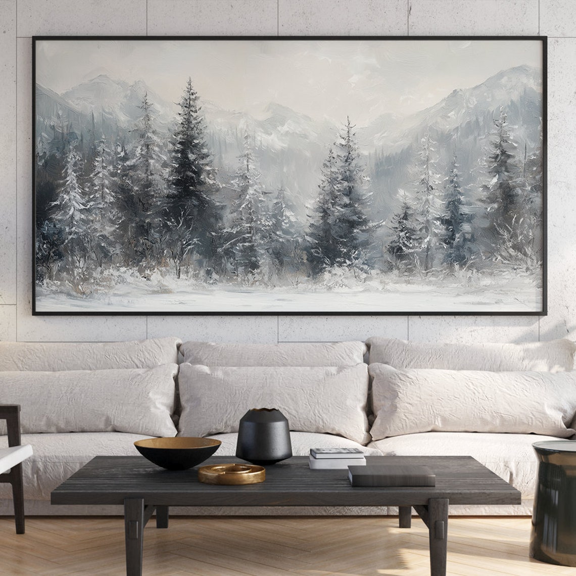 Moody Gray Winter Forest with Snowy Peaks Rustic Landscape Wall Art - Image 6