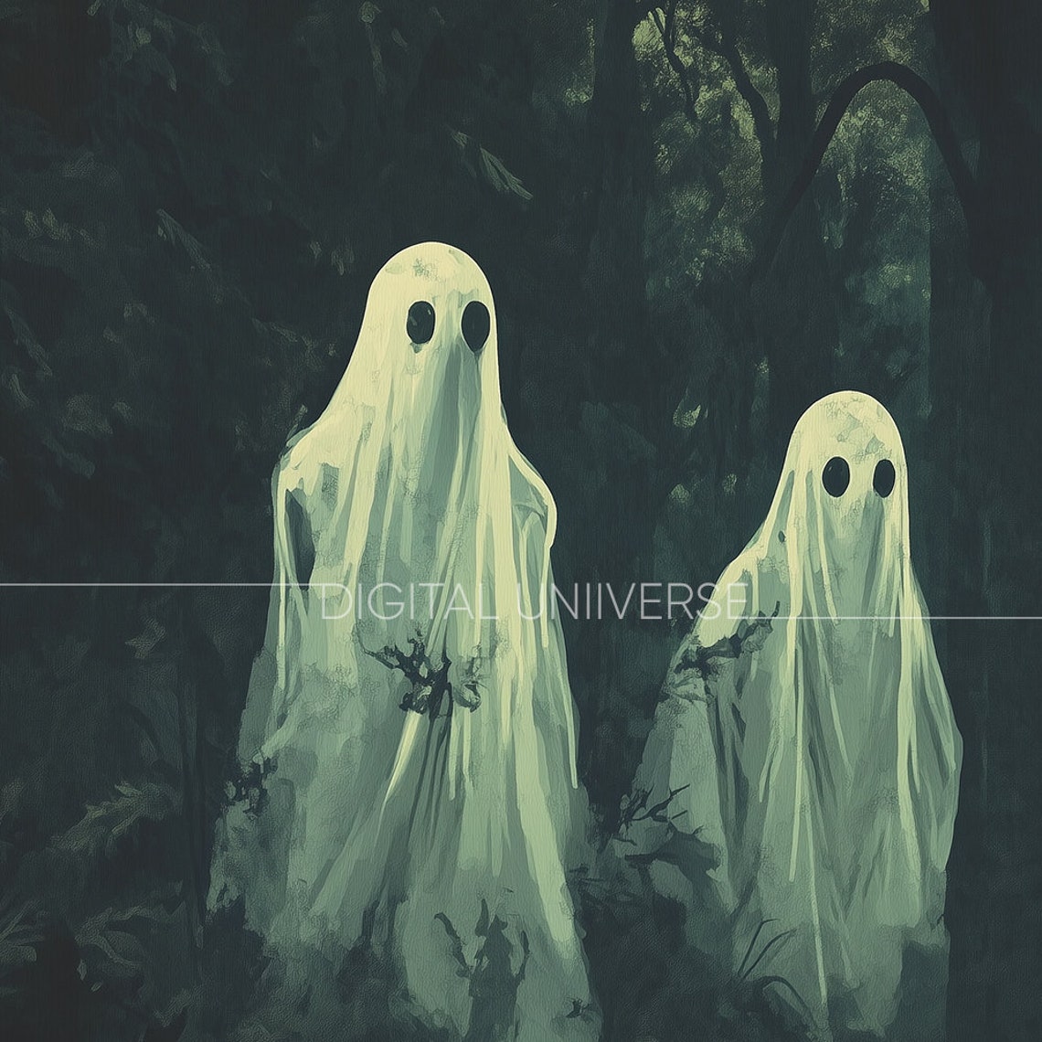 Three White Ghosts Dark Forest Moody Spooky Halloween Painting Poster - Image 4