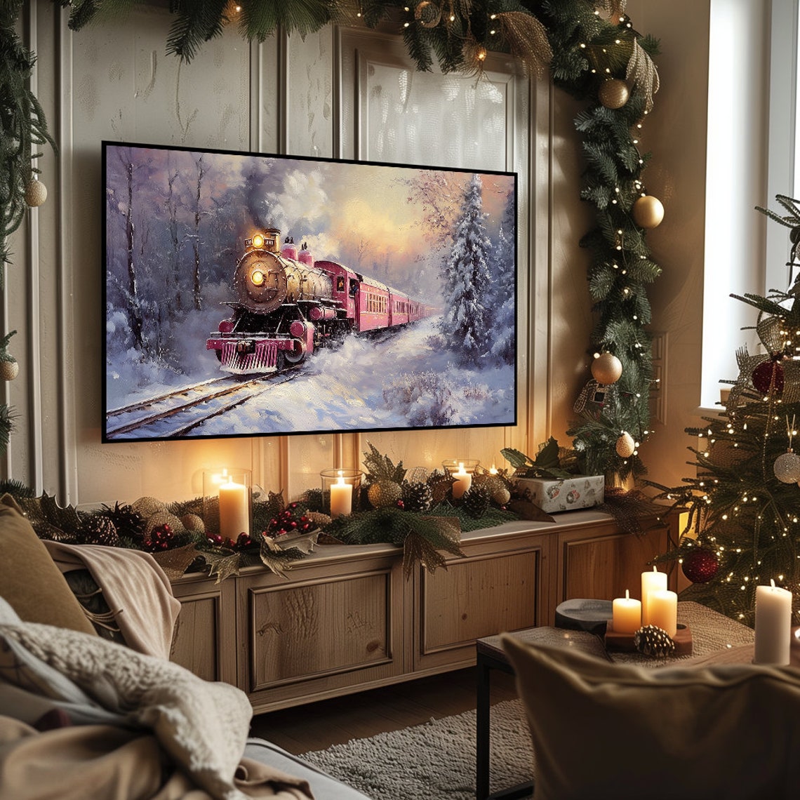 Vintage Steam Locomotive Snowstorm Red Passenger Train Painting Poster - Image 5