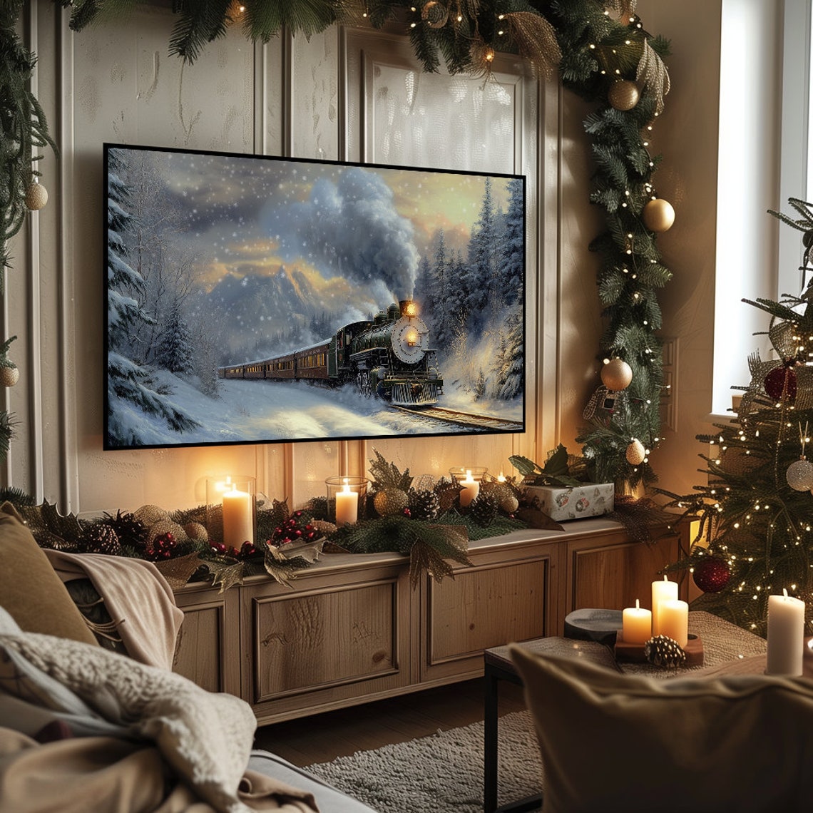 Steam Locomotive Snowy Night Forest Vintage Train Christmas Poster - Image 5