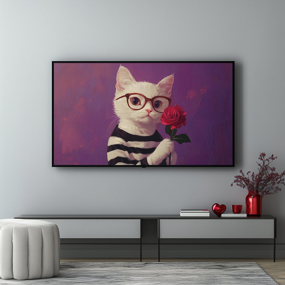 Smart White Cat with Glasses Holding Red Rose Valentine Poster - Image 7