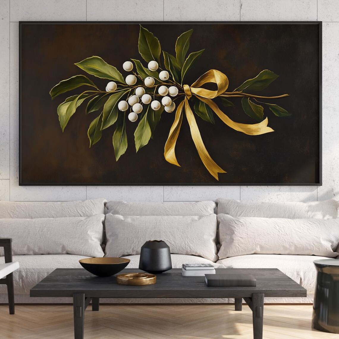 Mistletoe with White Berries Tied in Gold Ribbon Holiday Wall Art - Image 5