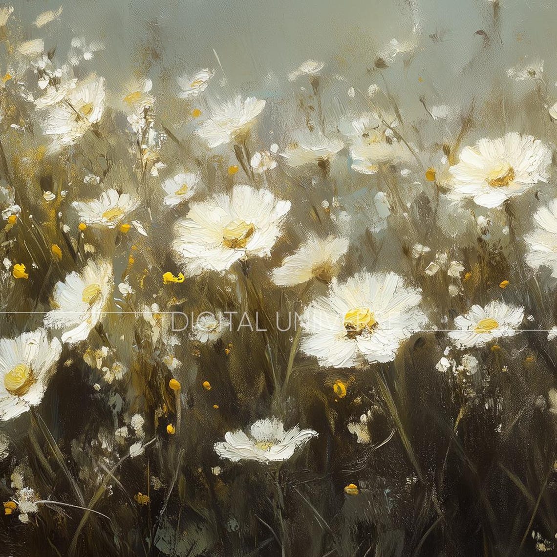 White Daisies in Moody Dark Wildflower Meadow Impressionist Wall Art - Image 3