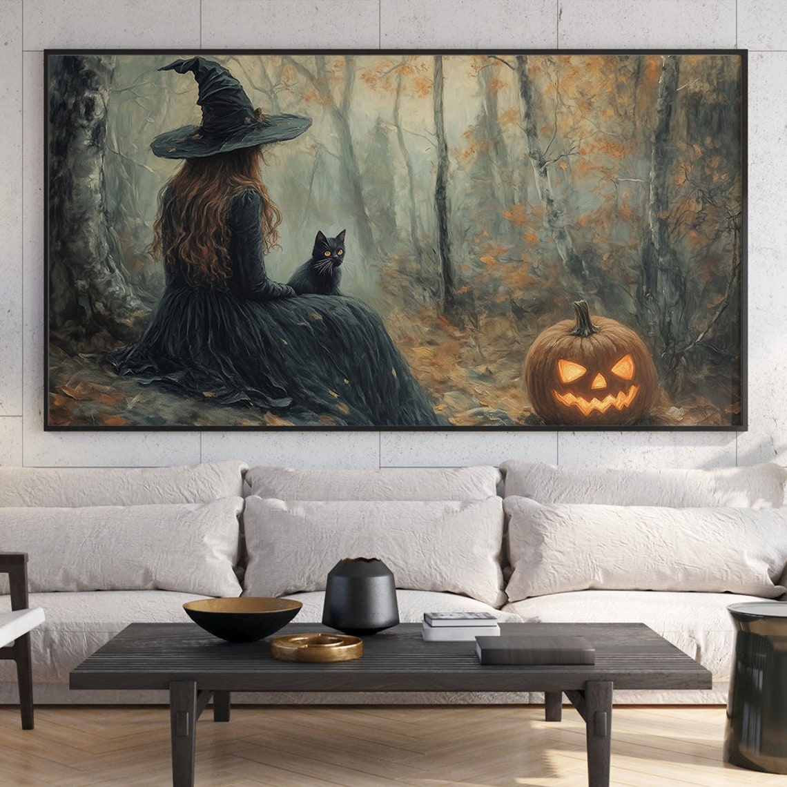 Witch with Black Cat and Jack O Lantern Forest Halloween Poster - Image 7