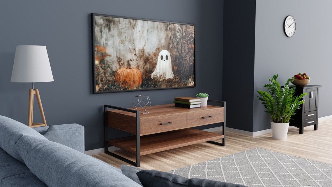 Cute Ghost and Pumpkin in Misty Autumn Forest Halloween Poster - Image 6