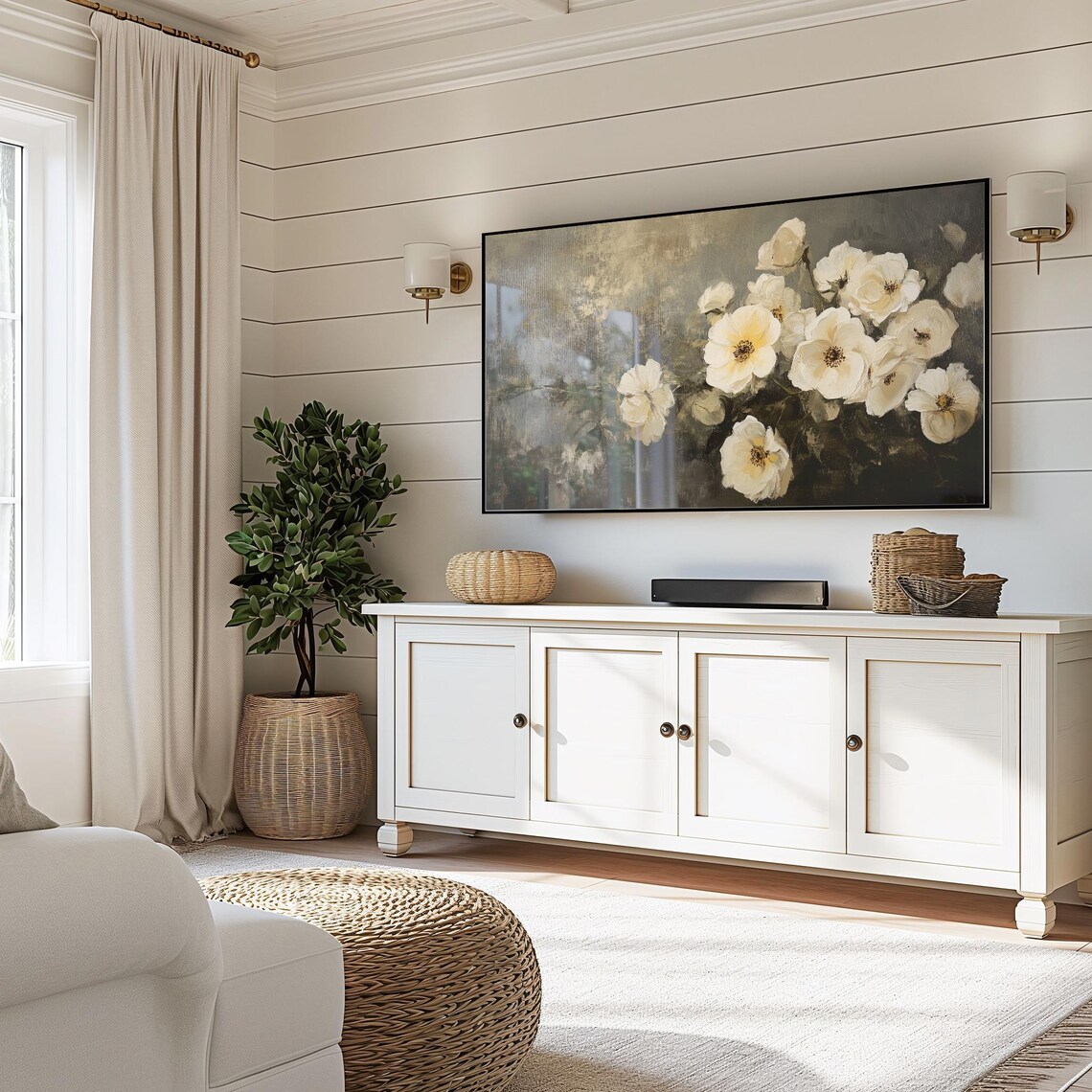 White Anemones on Dark Gray Moody Vintage Floral Painting Wall Art - Image 4