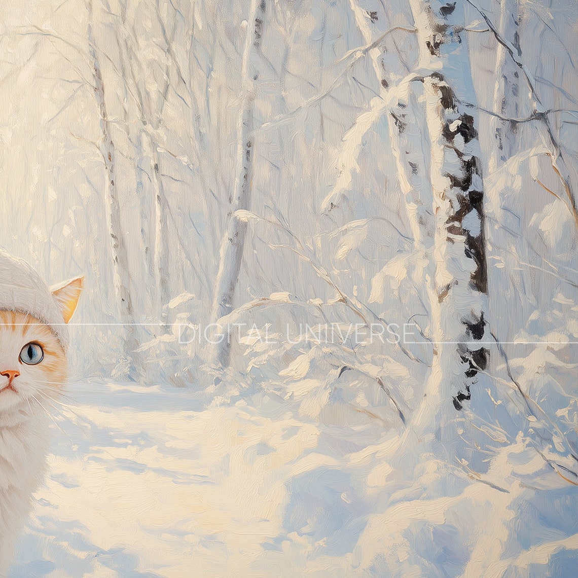 Cute White Kitten Knit Hat Snowy Winter Forest Painting Poster - Image 3