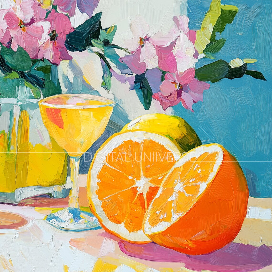 Sliced Oranges Cocktail Glass Flowers Impasto Still Life Painting Poster - Image 3
