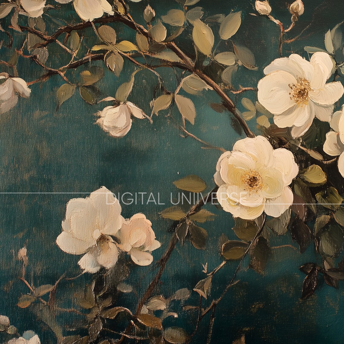Vintage White Roses on Dark Green Moody Floral Oil Painting Wall Art - Image 3