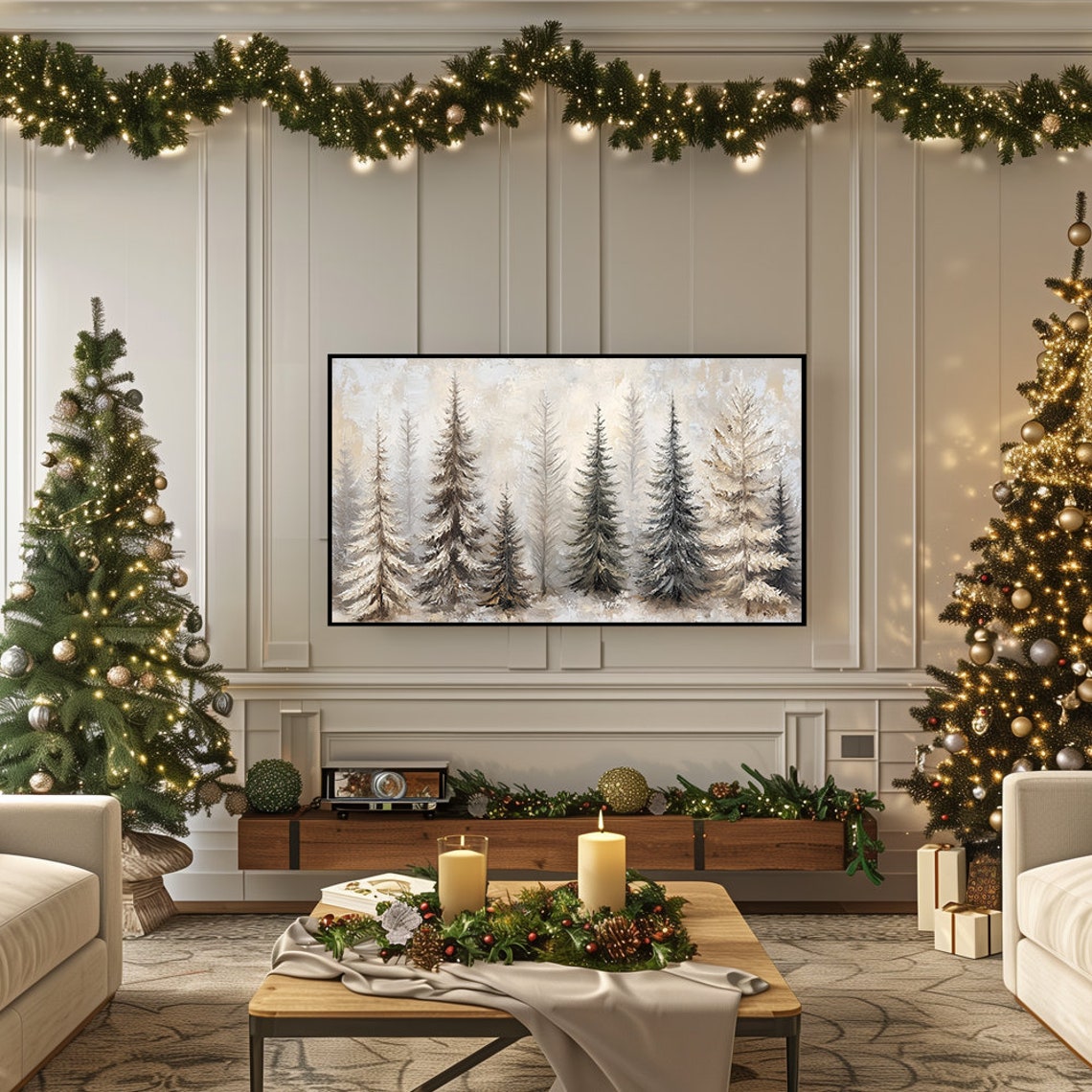 Row of Winter Pine Trees Gray Tones Forest Painting Wall Art - Image 5