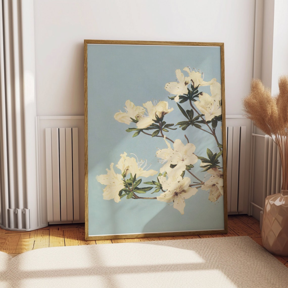Vintage White Azalea Blossom Botanical Poster Blue Floral Wall Decor