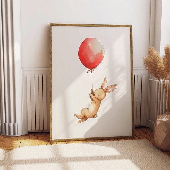 Cute Bunny Holding Red Balloon Watercolor Nursery Animal Poster