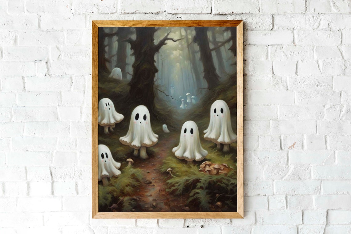 Cute Ghosts In A Forest With Toadstools Wall Art Spooky Art Print Cute Halloween Art
