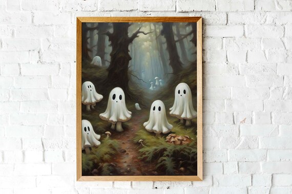 Cute Ghosts Gathering In A Dark Mushroom Forest Halloween Wall Art