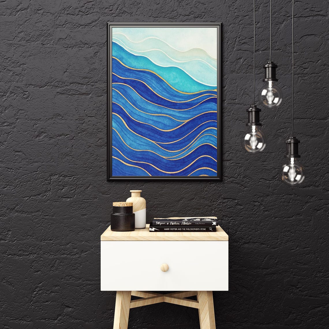 Abstract Blue Waves Wall Art Print Modern Minimalist Ocean Landscape Artwork