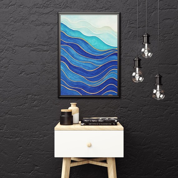 Abstract Blue Gold Ocean Waves Watercolor Modern Minimalist Art Print