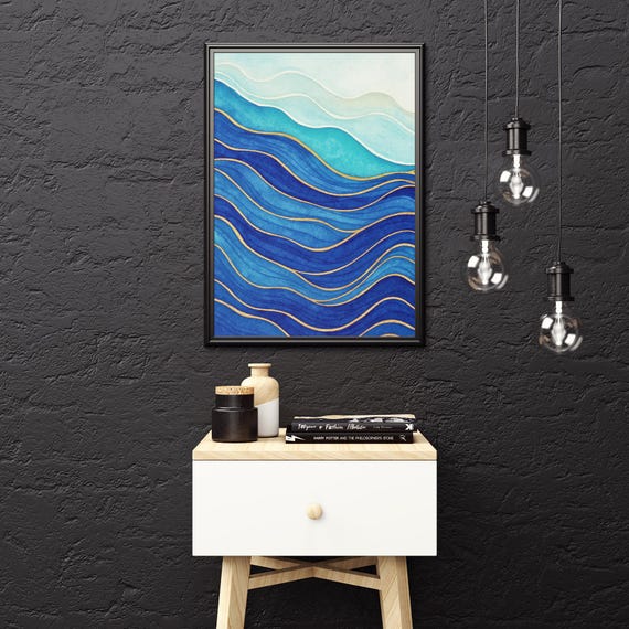 Abstract Blue Waves Wall Art Print Modern Minimalist Ocean Landscape Artwork