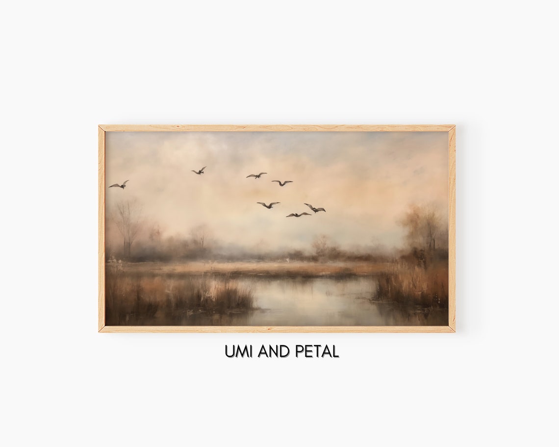 Geese Flying Marsh Dawn Autumn Birds Water Reflection Painting Poster