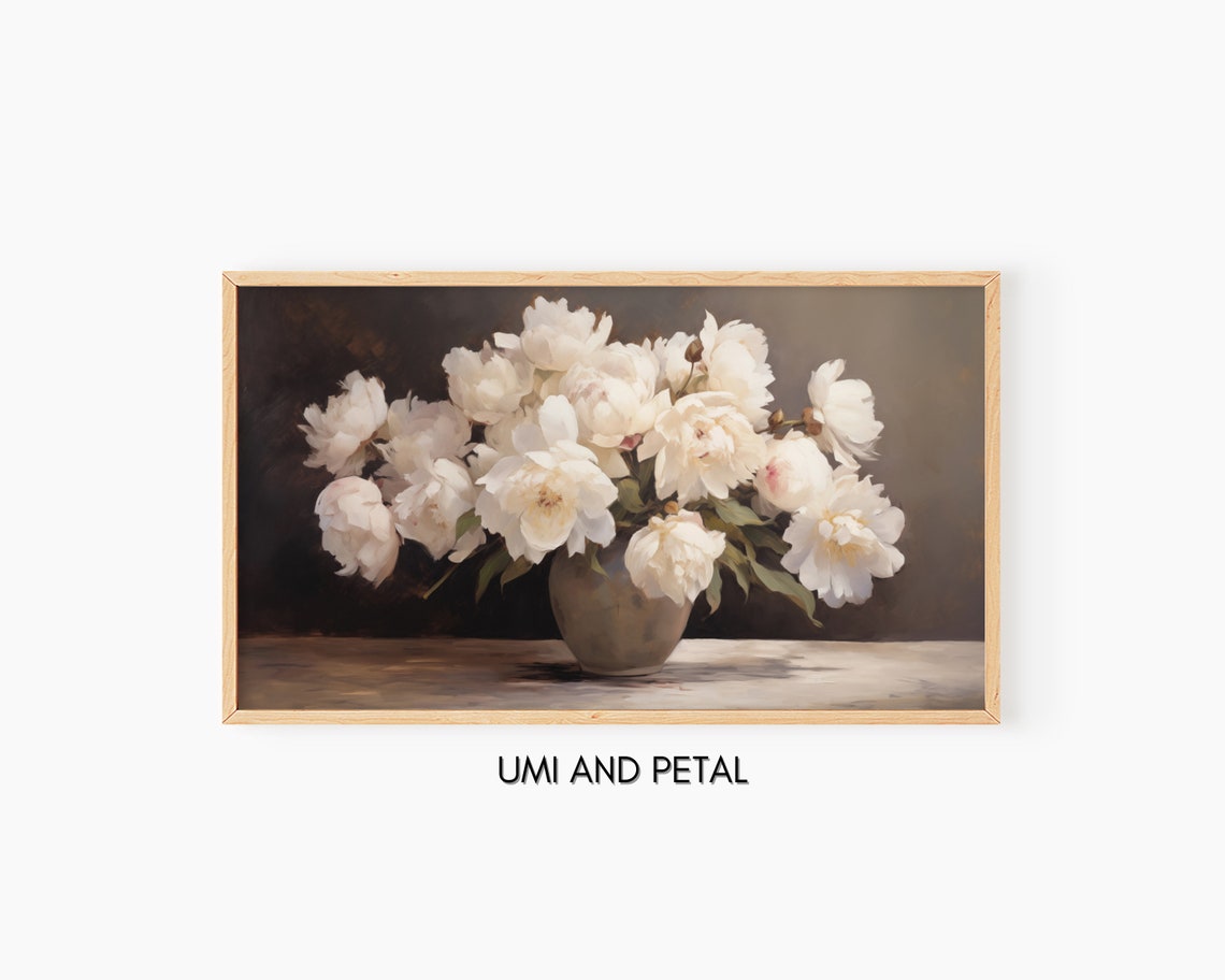 White Peonies Bouquet Dark Background Elegant Floral Art Poster