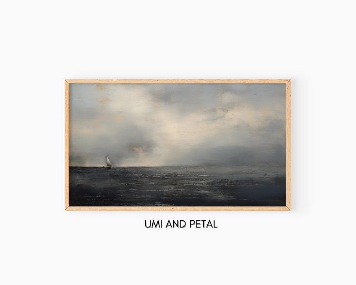 Moody Dark Ocean Sailboat Cloudy Sky Seascape Oil Painting Poster