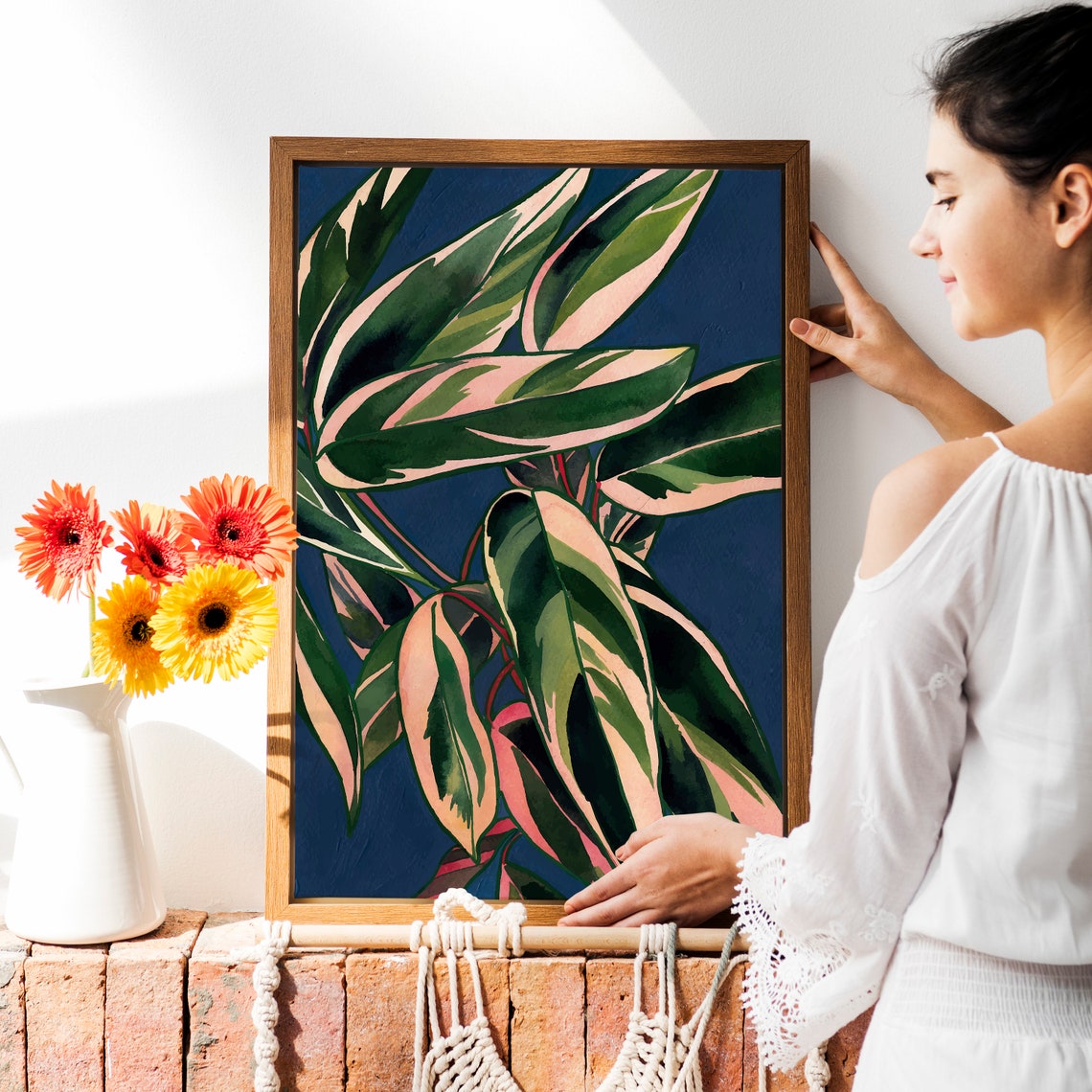 Calathea Triostar Pink And Green Leaves Navy Botanical Poster