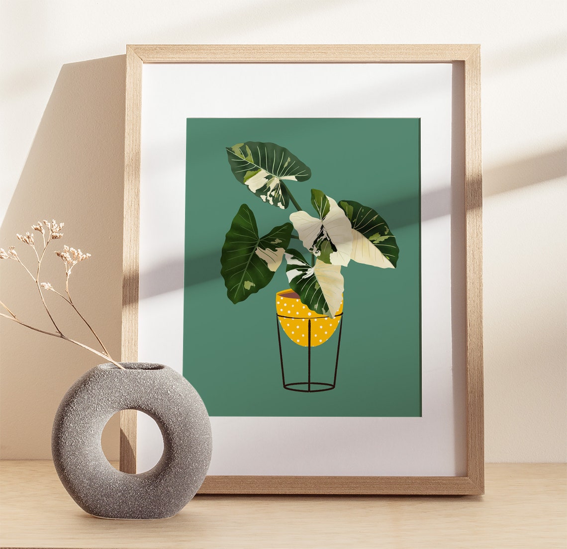 Variegated Potted Plant Print Yellow Dotted Pot Teal Background - Image 2