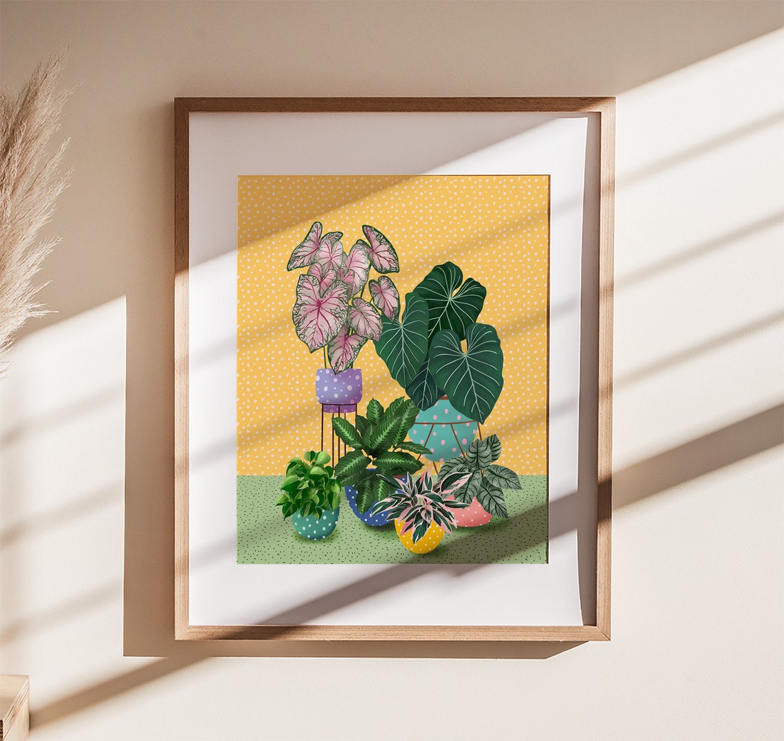 Colorful Houseplants In Patterned Pots On Yellow Botanical Art Poster - Image 2
