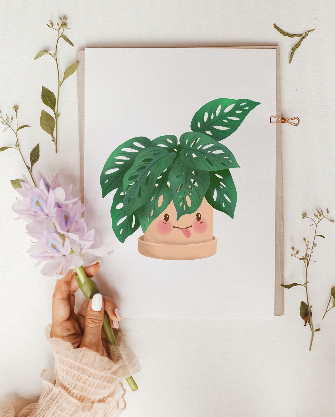 Monstera Adansonii Playful Tongue Out Cute Kawaii Botanical Art Print - Image 2