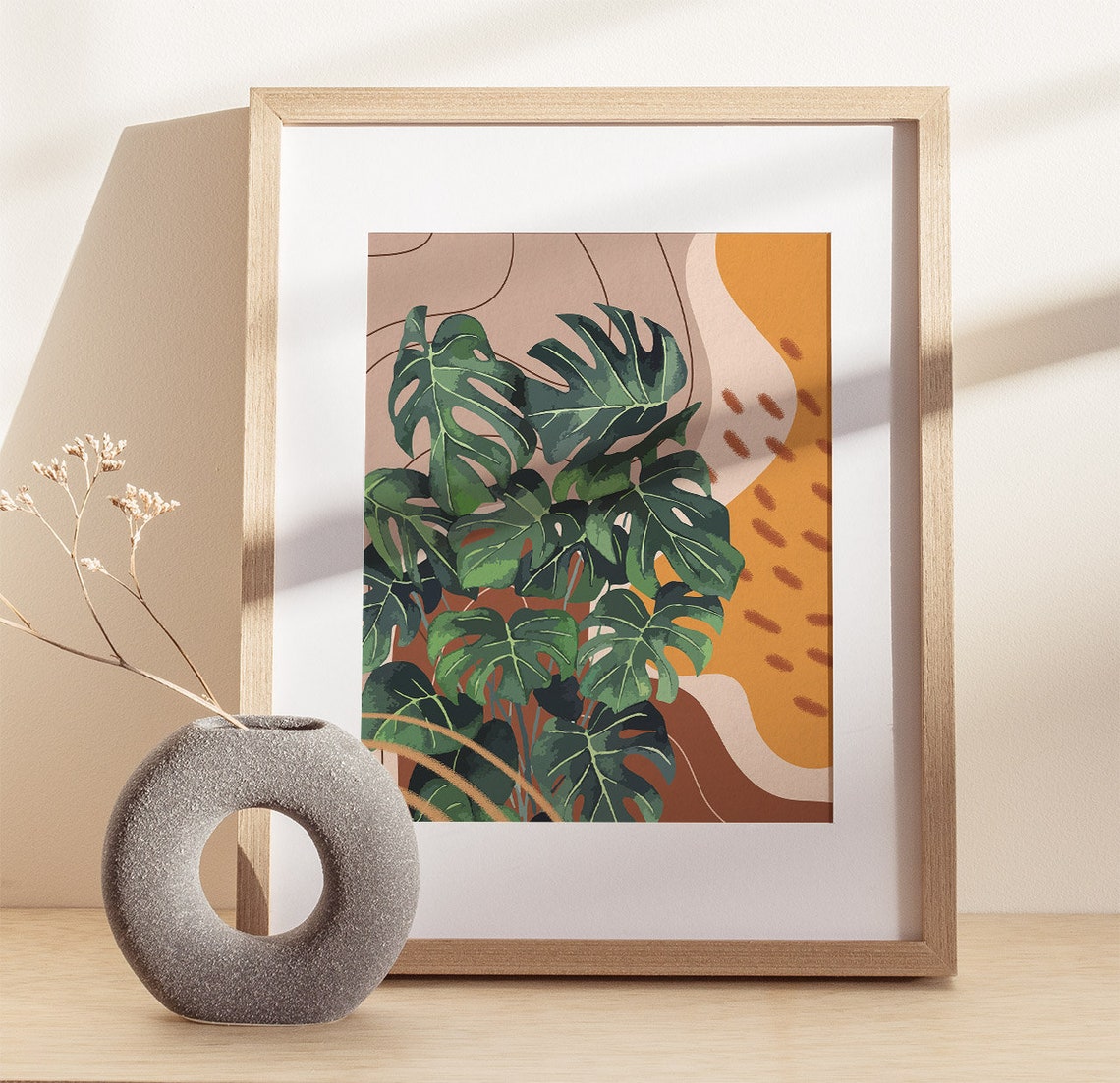 Monstera Leaves Mustard Sun Terracotta Abstract Boho Style Poster - Image 2