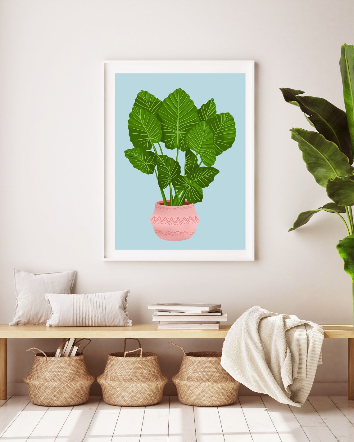 Philodendron Plant Print White Veined Leaves Light Blue Background - Image 2