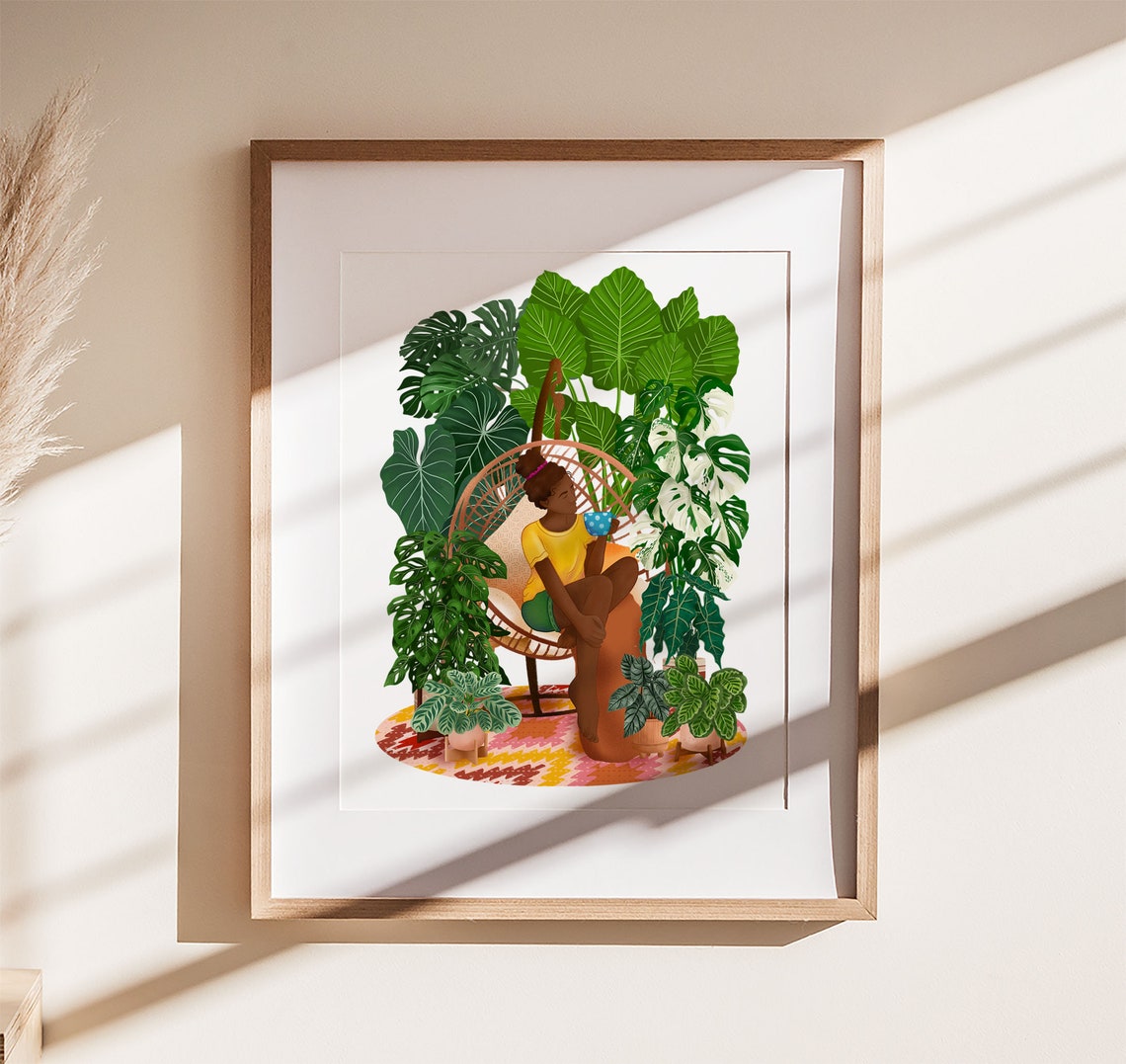 Plant Lady with a Blue Mug Relaxing in an Egg Chair Tropical Poster