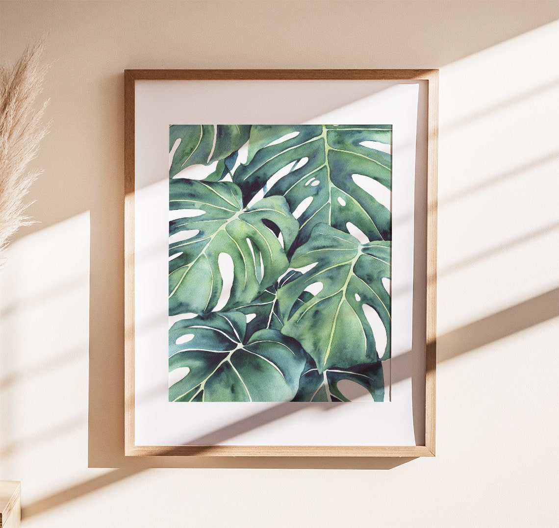 Monstera Deliciosa Leaves Watercolor Close Up Botanical Poster - Image 2