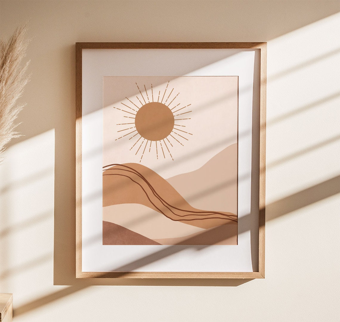 Mountain Sunrise Illustration Neutral Wall Art Landscape Art Print Terracotta Wall Art Boho Art Prints Sunshine Prints