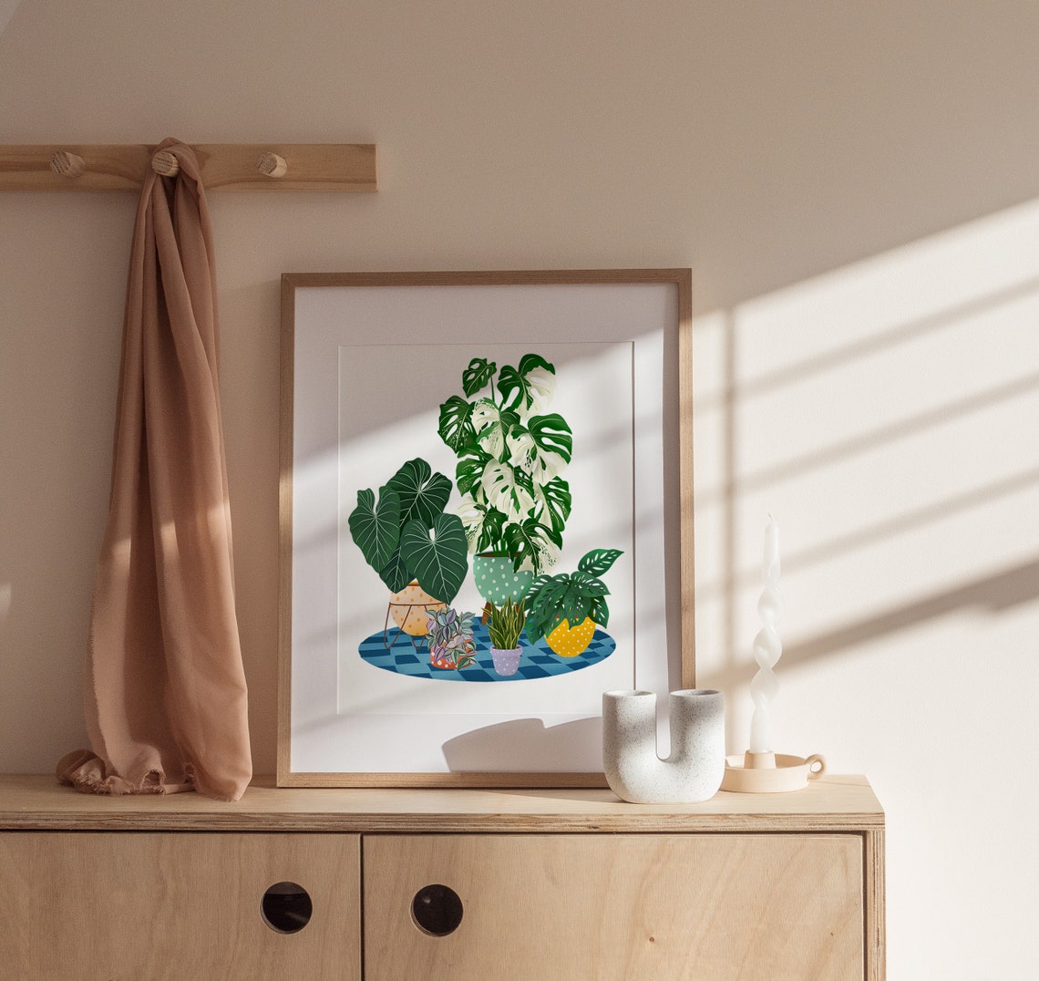 Variegated Monstera Houseplant Collection On Blue Checkered Rug Poster - Image 3