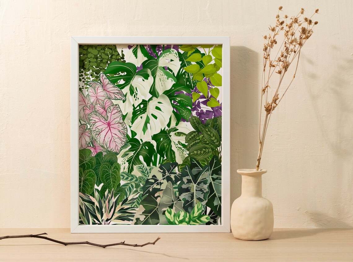 Urban Jungle Poster Variegated Monstera Pink Calathea Foliage Decor - Image 2