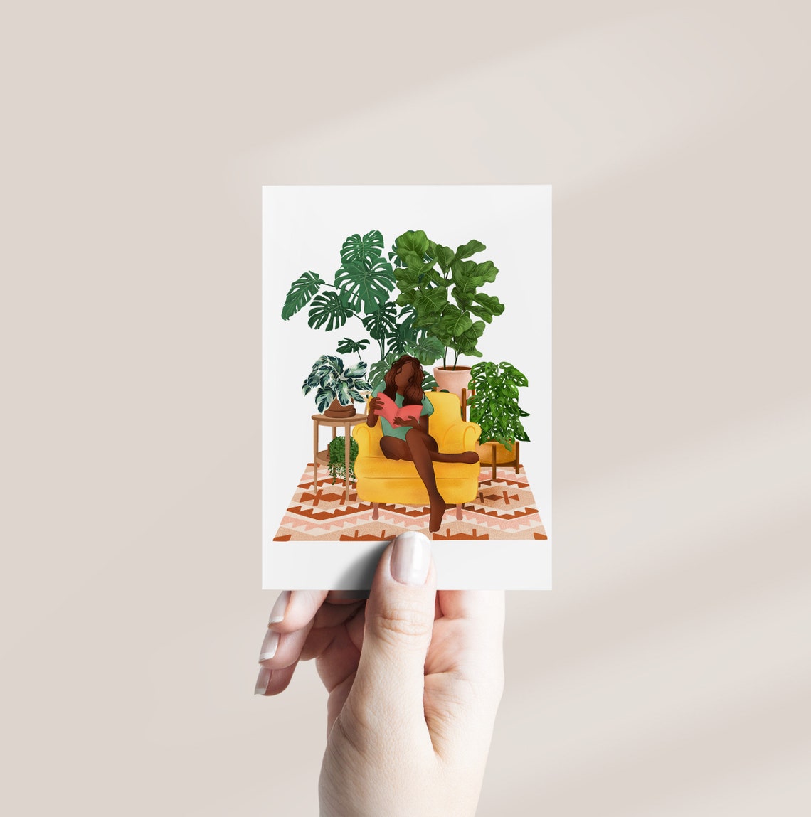 Plant Lady Reading a Pink Book on a Yellow Armchair Botanical Poster - Image 2