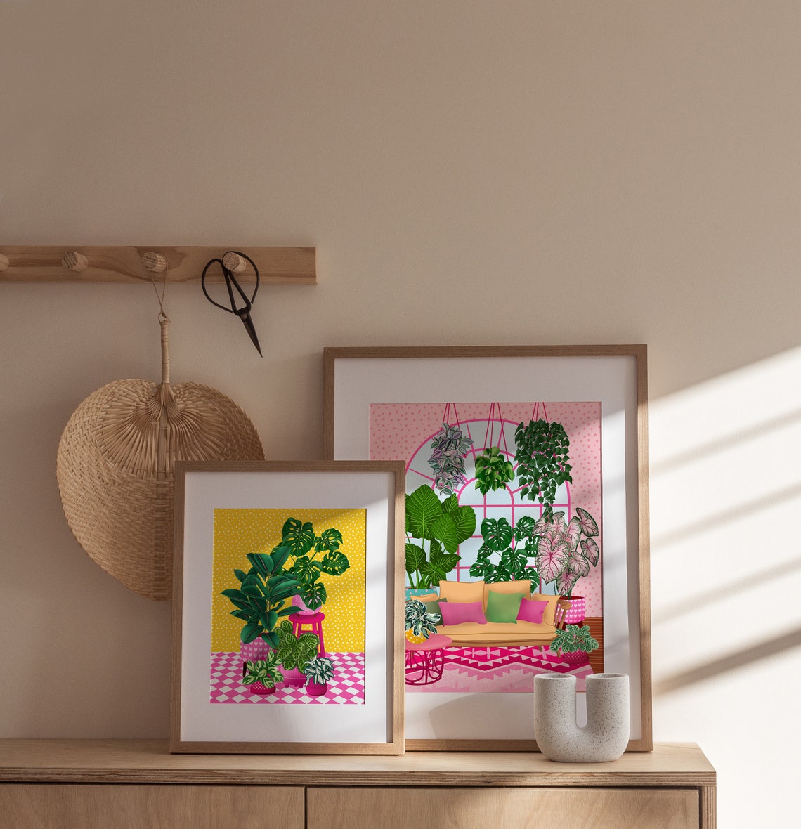 Pink Living Room With Sofa And Hanging Plants Illustration Art Poster - Image 2