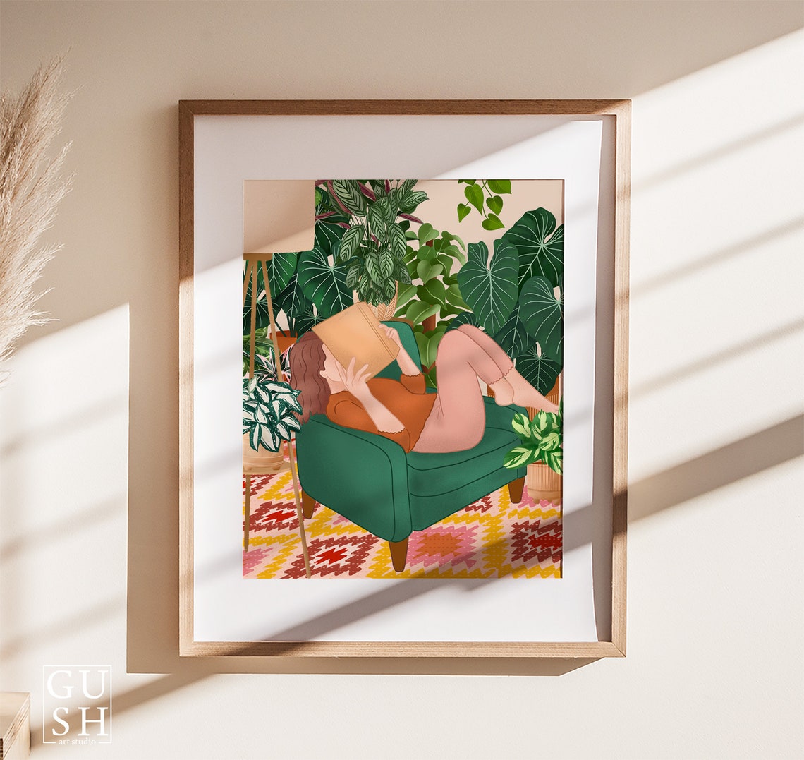 Woman Reading in a Green Armchair Surrounded by Tropical Plants Poster