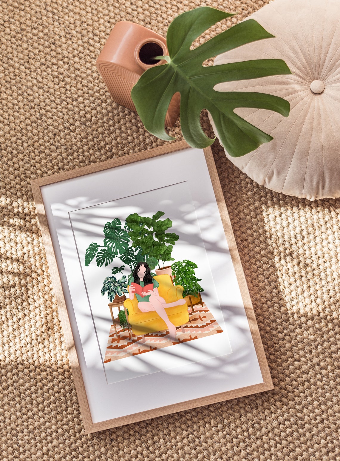 Brunette Plant Lady Reading on a Yellow Armchair with Monstera Poster - Image 2