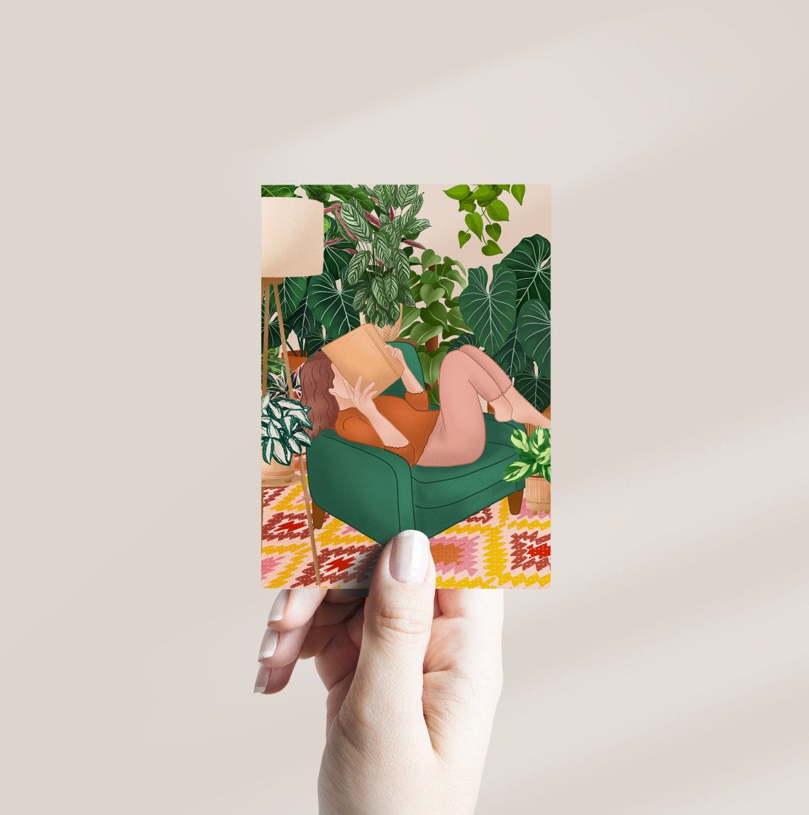 Woman Reading in a Green Armchair Surrounded by Tropical Plants Poster - Image 2
